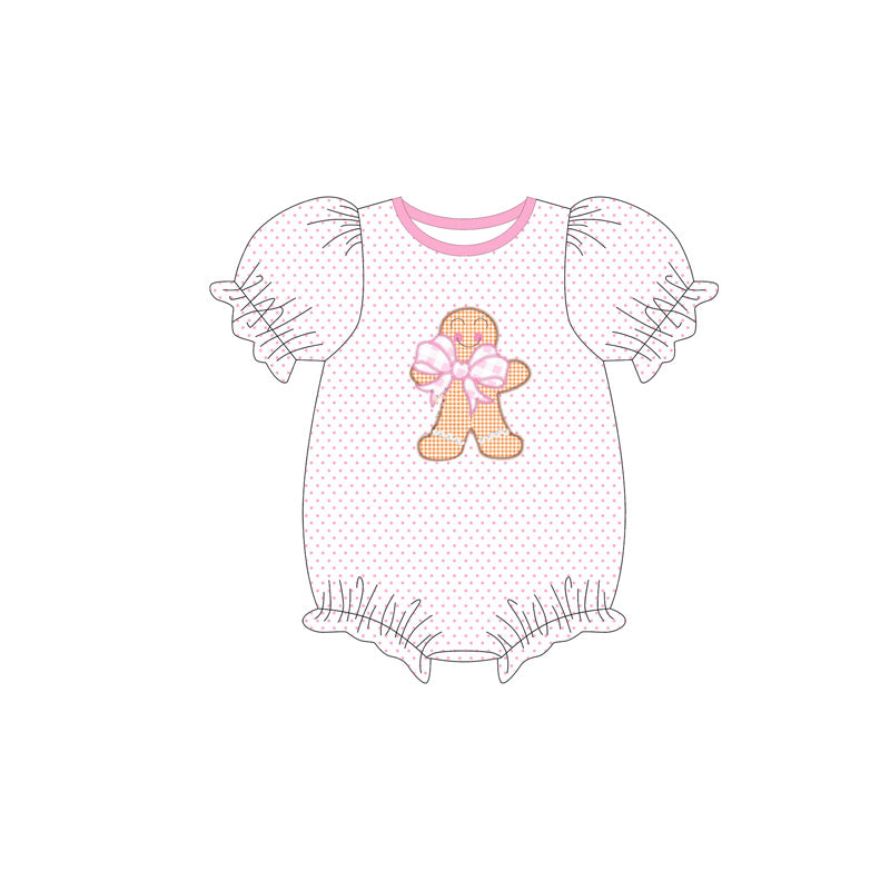 (Pre-order)SR3114 Gingerbread Bow Pink Dots Print Baby Girls Christmas Romper