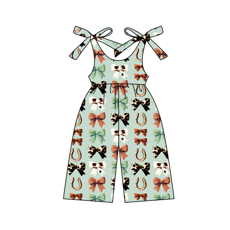 (Pre-order)SR3119 Bows Green Print Girls Summer Western Strap Jumpsuits