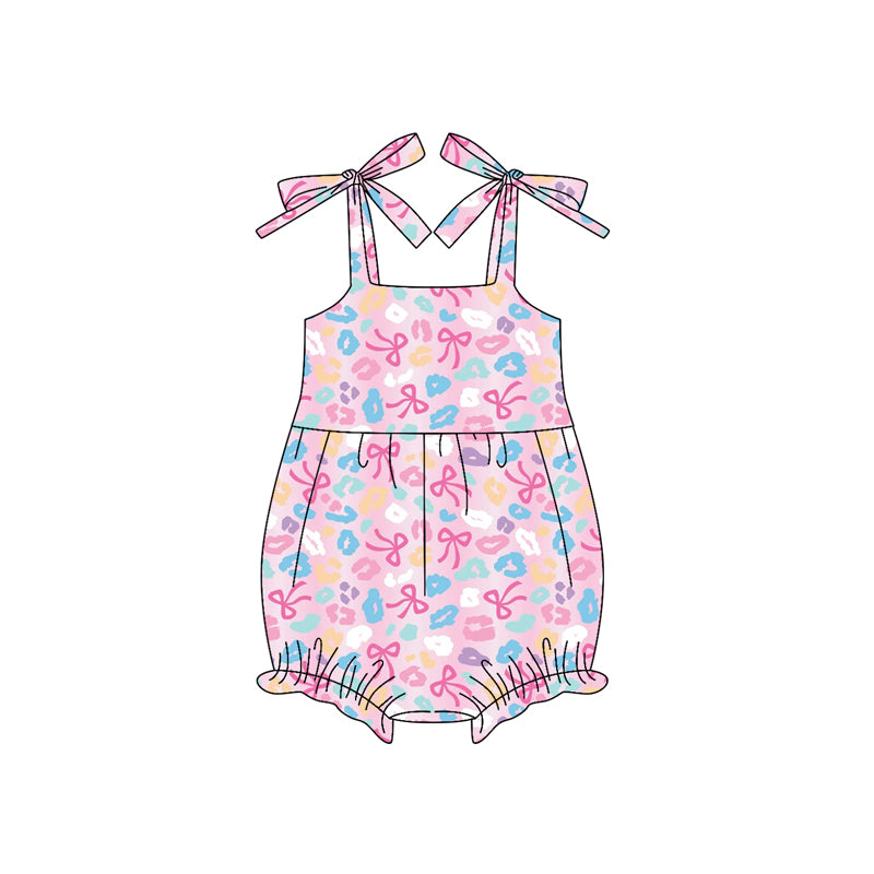 (Pre-order)SR3124 Colorful Leopard Bows Print Baby Girls Summer Strap Romper