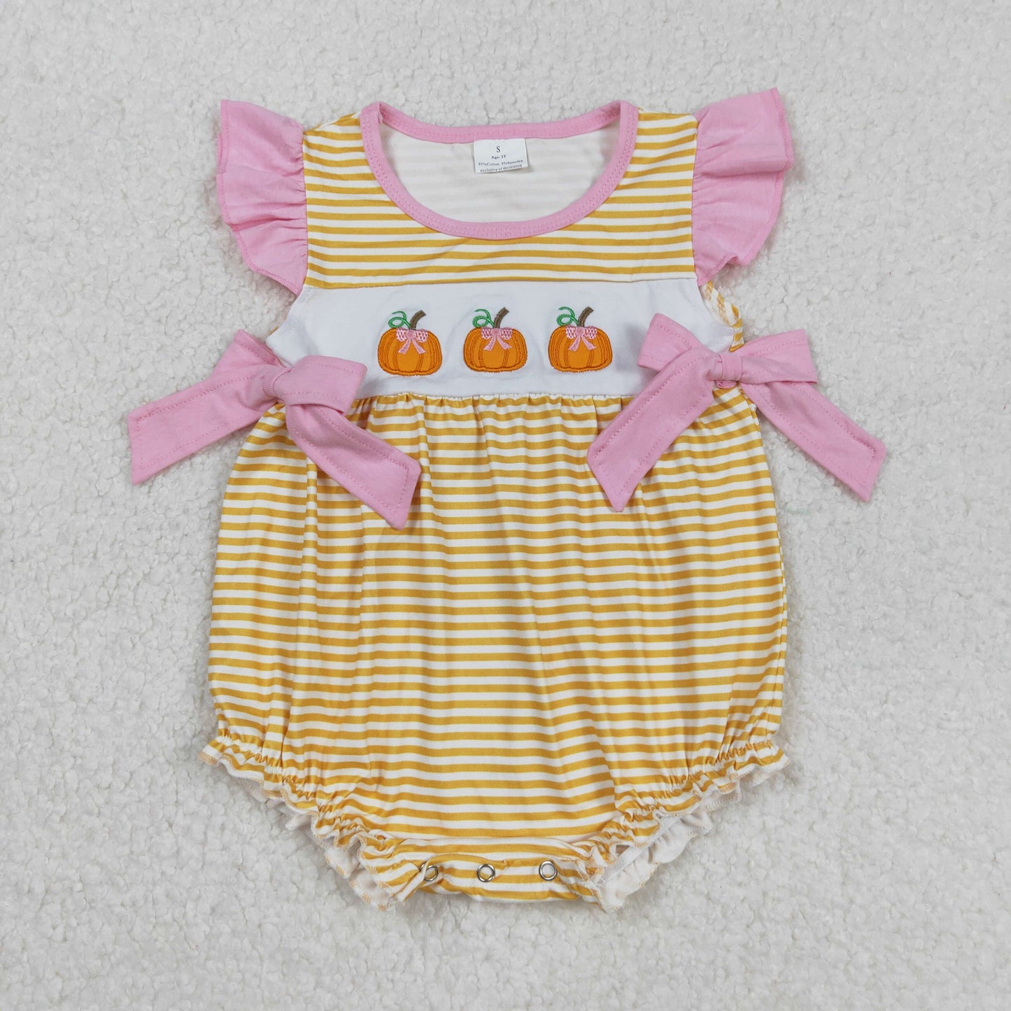 SR3125 Pumpkin Embroidery Stripes Print Baby Girls Fall Romper