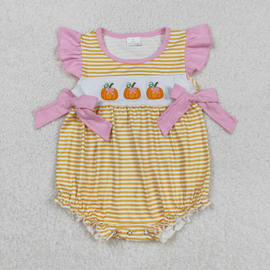 SR3125 Pumpkin Embroidery Stripes Print Baby Girls Fall Romper