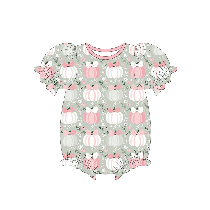 (Pre-order)SR3130 Pumpkin Flowers Bows Print Baby Girls Fall Romper