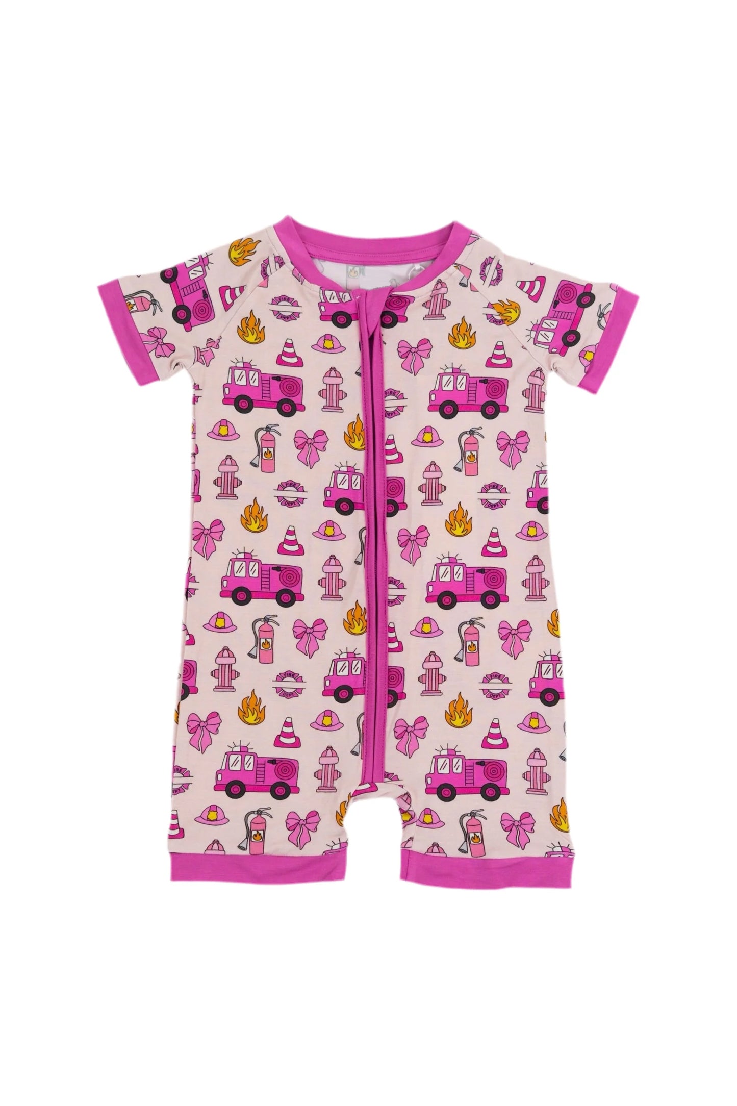 (Pre-order)SR3131 Fire Truck Bows Pink Print Baby Girls Summer Romper