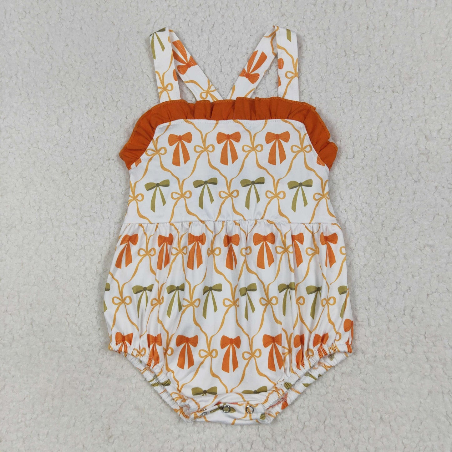 SR3148 Orange Bows Print Baby Girls Fall Bubble Romper