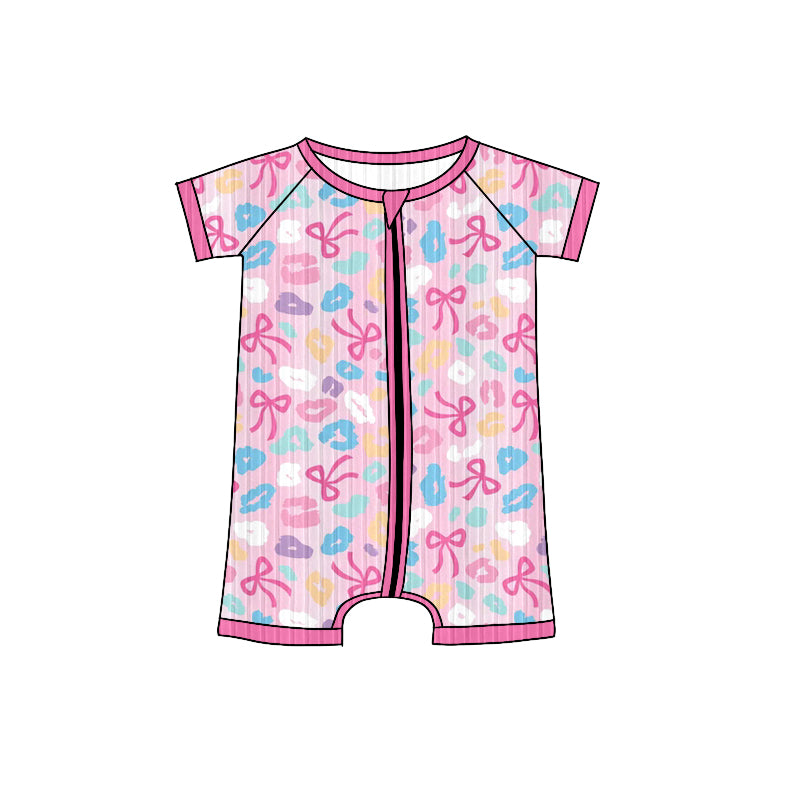 (Pre-order)SR3165 Colorful Leopard Bows Print Baby Girls Summer Ribbed Zipper Sleeper Romper