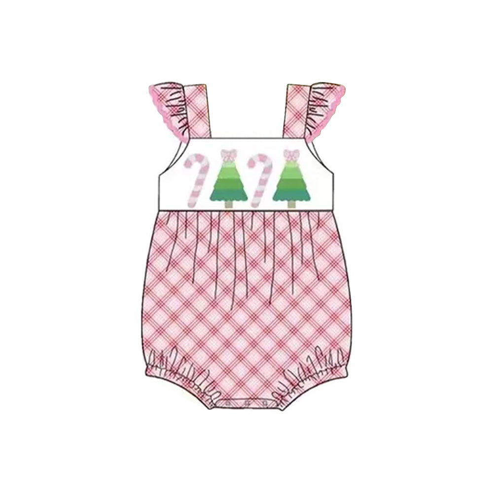 (Pre-order)SR3168 Candy Cane Tree Pink Plaid Print Baby Girls Christmas Romper