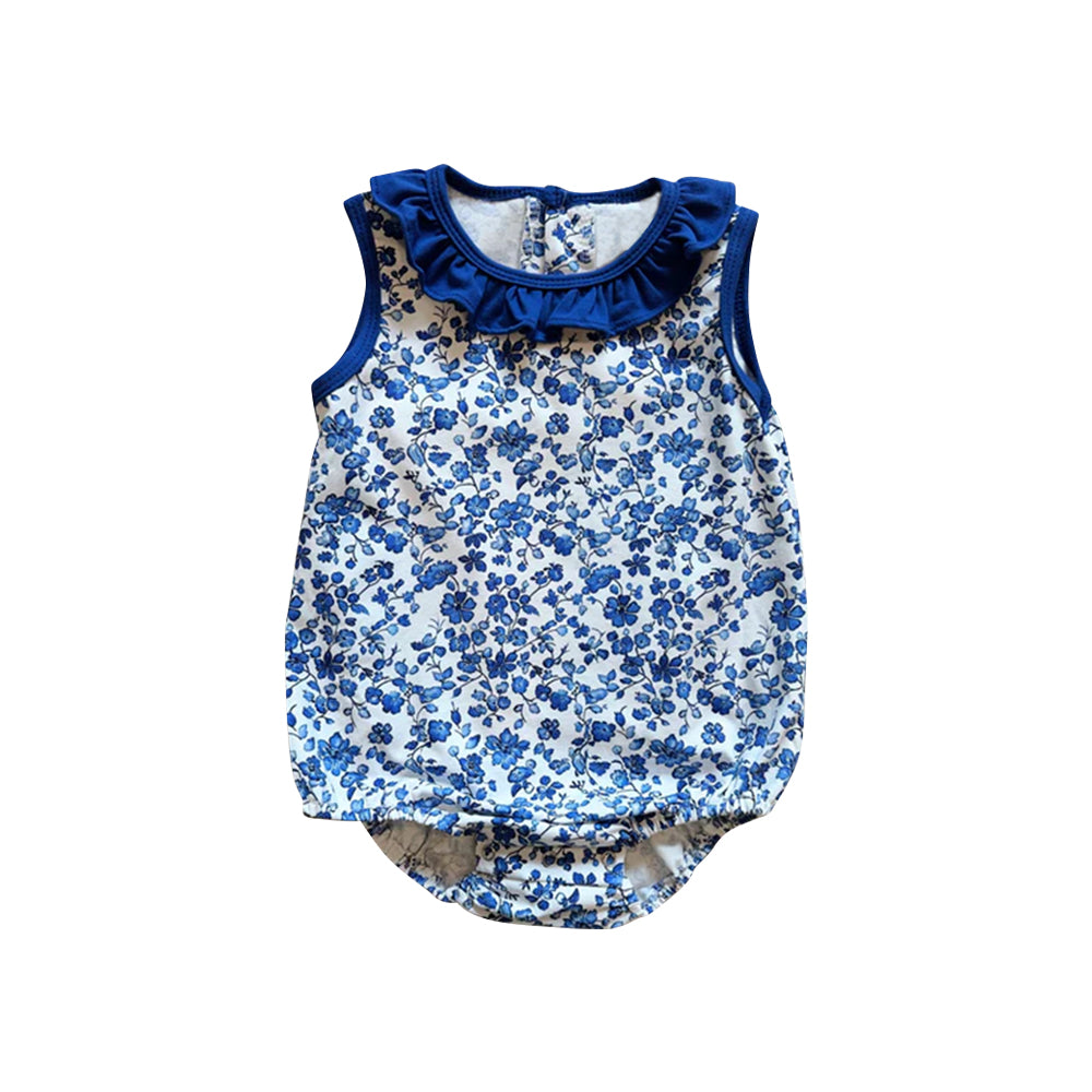 (Pre-order)SR3171 Blue Flowers Print Baby Girls Summer Bubble Romper