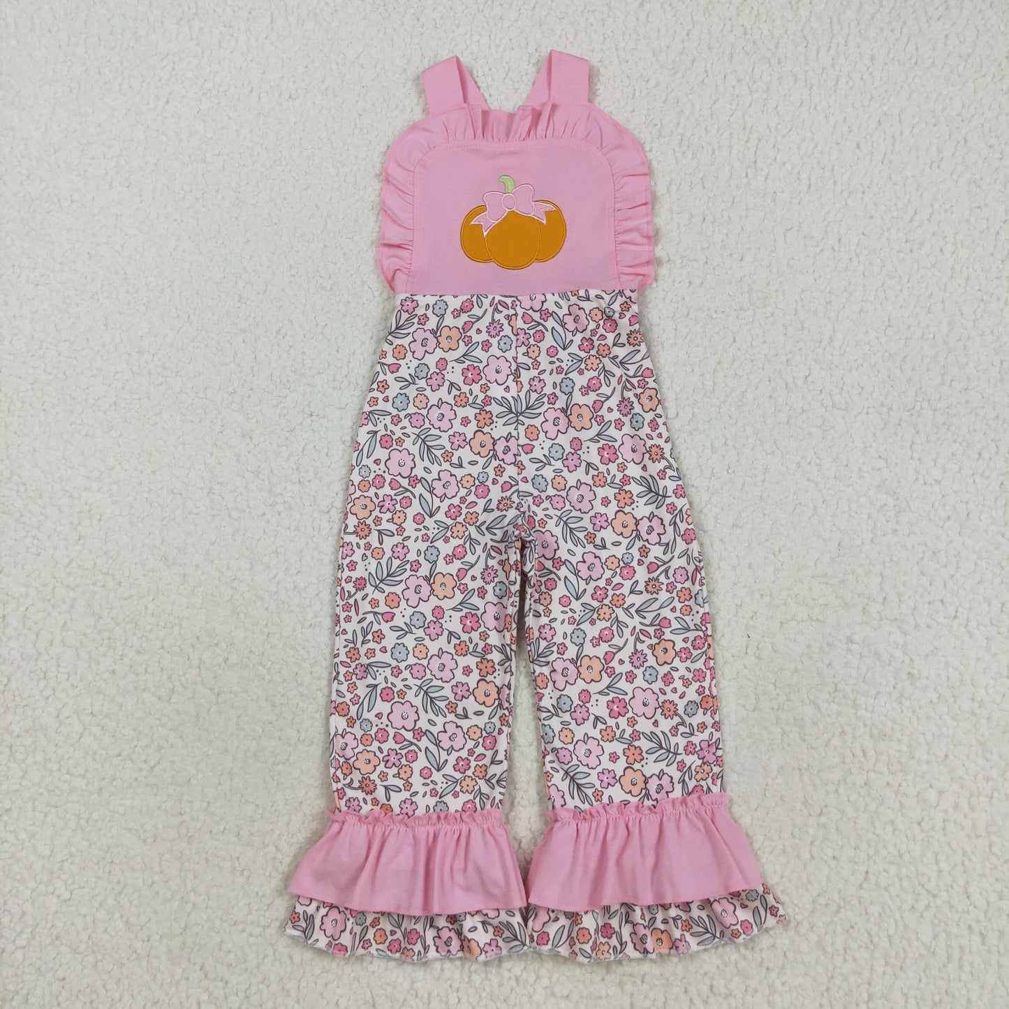 SR3176 Pumpkin Embroidery Flowers Pink Print Girls Fall Jumpsuits