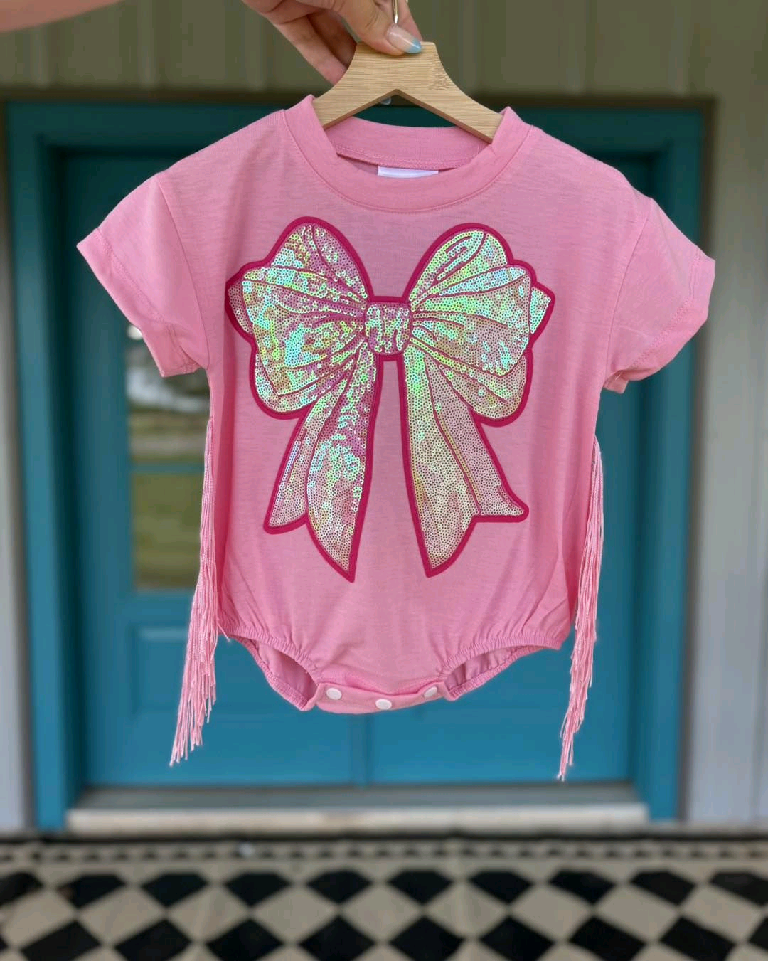(Pre-order)SR3187 Bows Pink Print Baby Girls Summer Tassel Romper