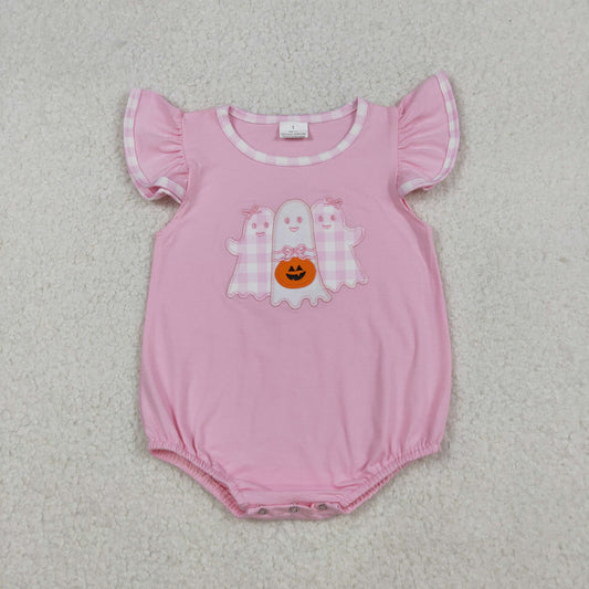 SR3196 Spooky Pumpkin Embroidery Pink Baby Girls Halloween Romper