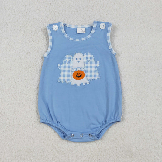 SR3197 Spooky Embroidery Blue Baby Boys Halloween Romper