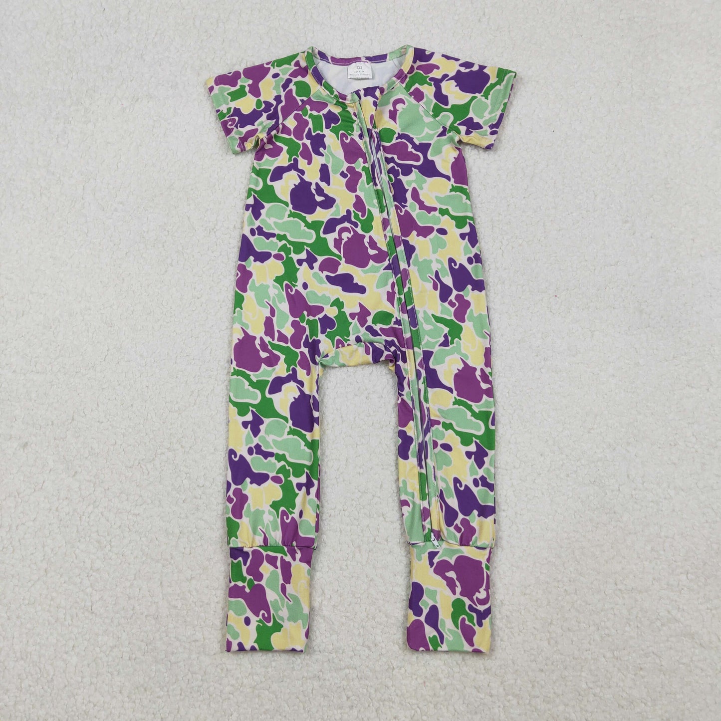 SR3211 Purple Green Camo Print Baby Mardi Gras Zipper Sleeper Romper