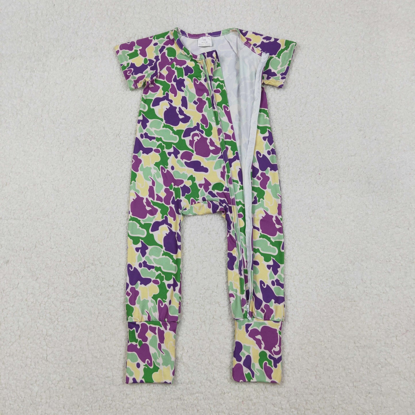 SR3211 Purple Green Camo Print Baby Mardi Gras Zipper Sleeper Romper