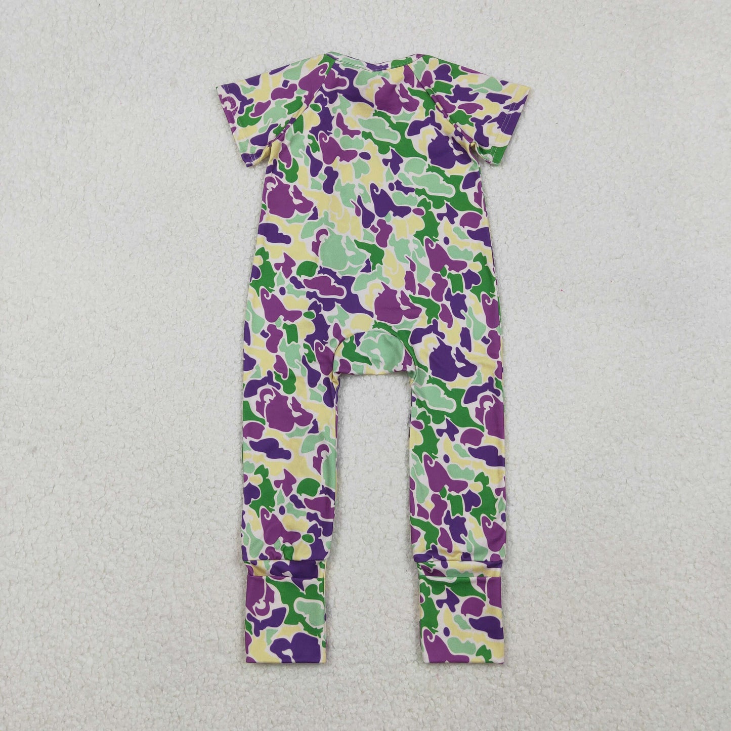 SR3211 Purple Green Camo Print Baby Mardi Gras Zipper Sleeper Romper