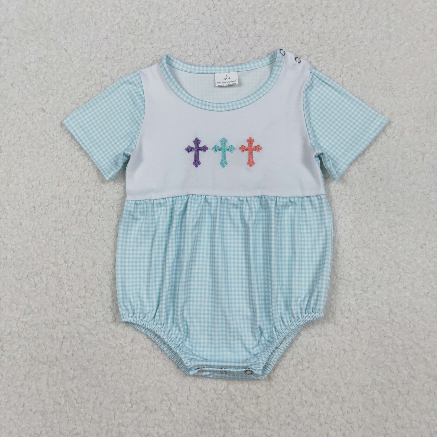SR3215 Cross Embroidery Blue Plaid Print Baby Boys Easter Romper