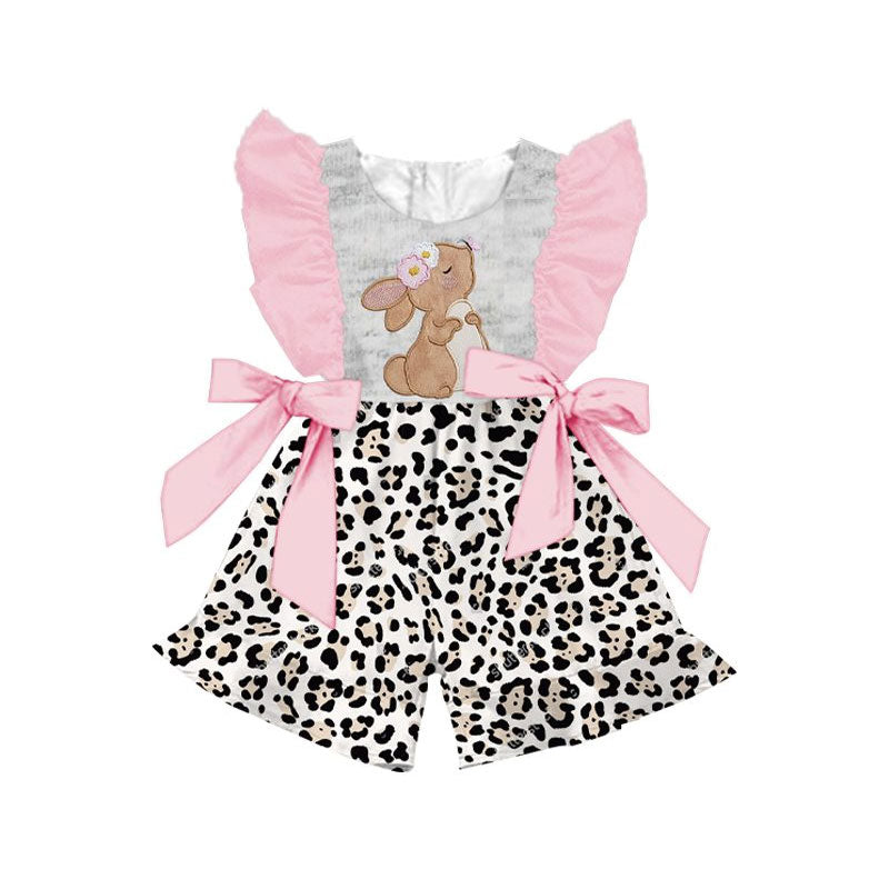 (Pre-order)SR3217 Leopard Bunny Print Girls Easter Jumpsuits