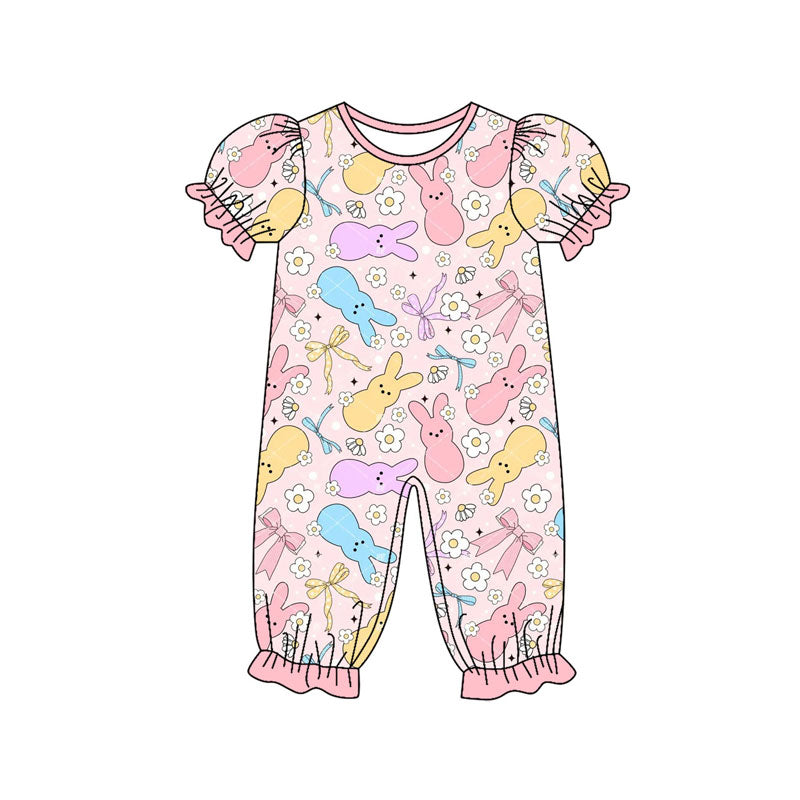 (Pre-order)SR3226 Colorful Bunny Flowers Bows Print Baby Girls Easter Romper