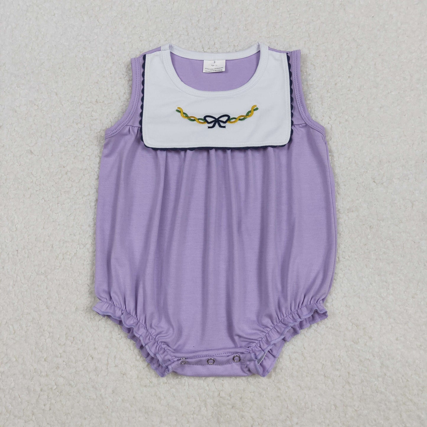 SR3235 Bow Embroidery Purple Baby Girls Mardi Gras Romper