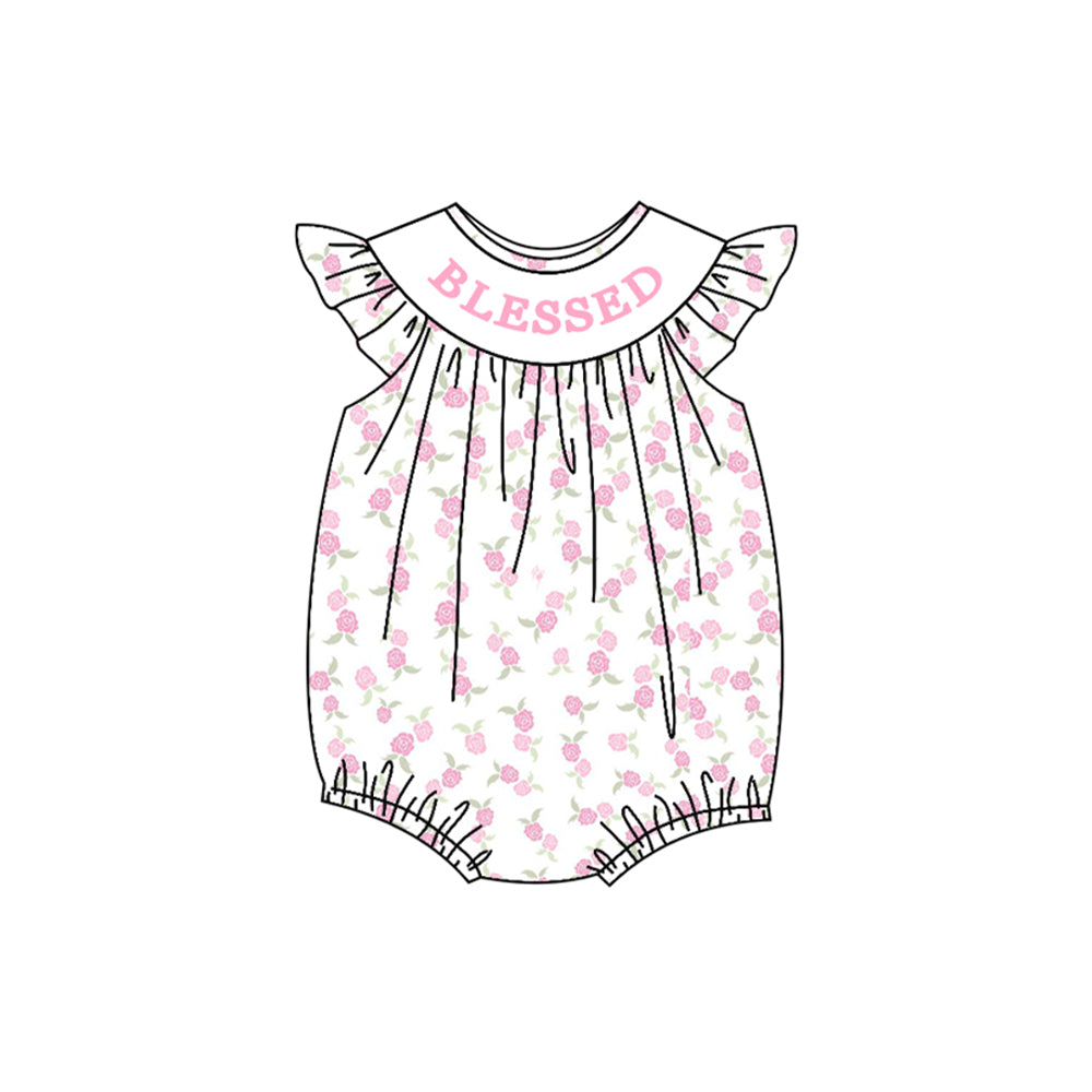 (Pre-order)SR3260 BLESSED Pink Flowers Print Baby Girls Summer Romper