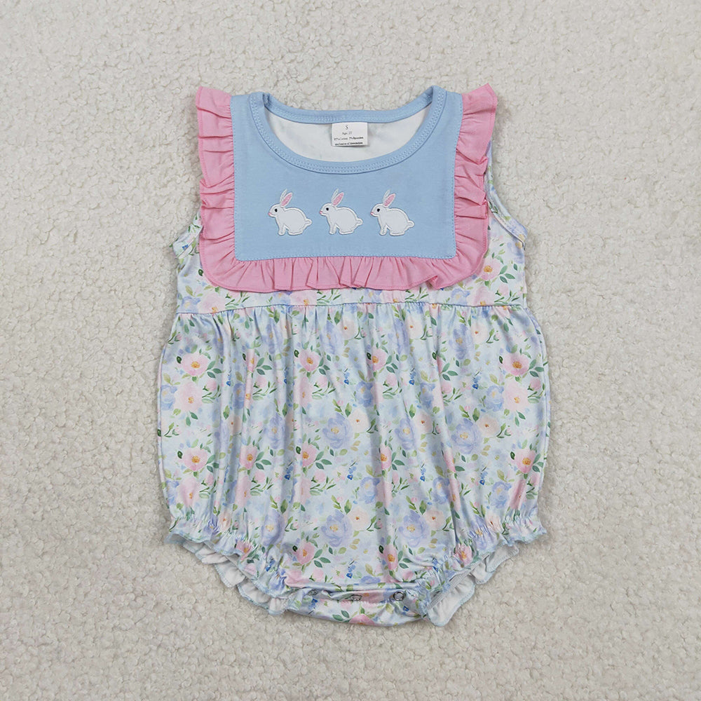 SR3271 Bunny Embroidery Blue Flowers Print Baby Girls Easter Romper