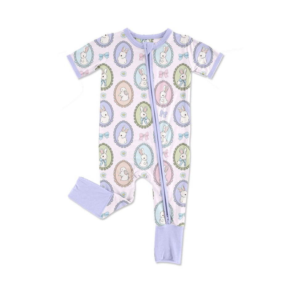 (Pre-order)SR3274 Bunny Flowers Print Baby Girls Easter Sleeper Zipper Romper