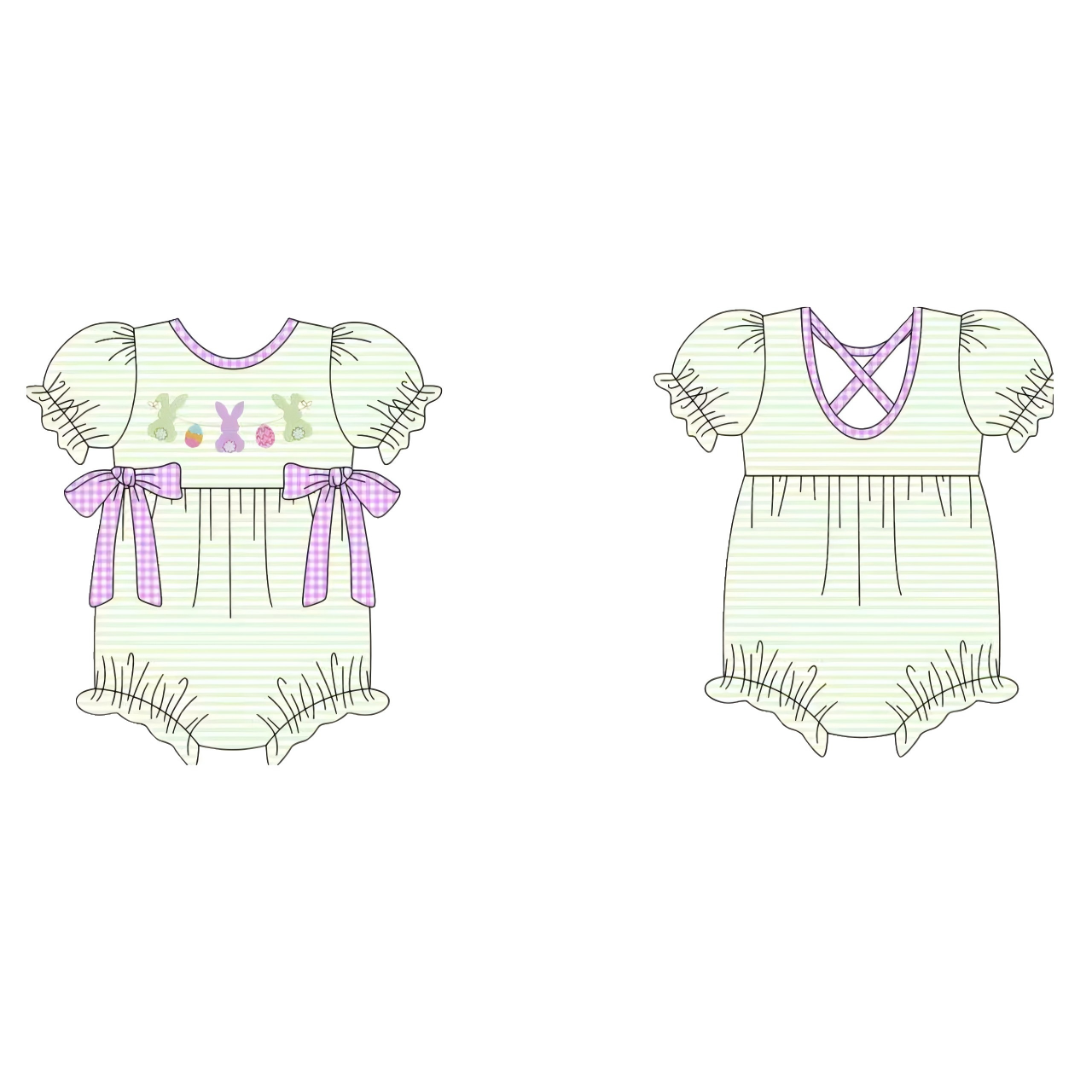 (Pre-order)SR3287 Eggs Bunny Stripes Print Baby Girls Easter Romper