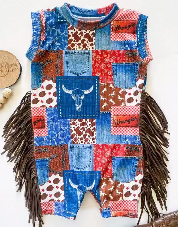 (Pre-order)SR3288 Cow Skull Plaid Print Baby Girls Western Tassel Romper