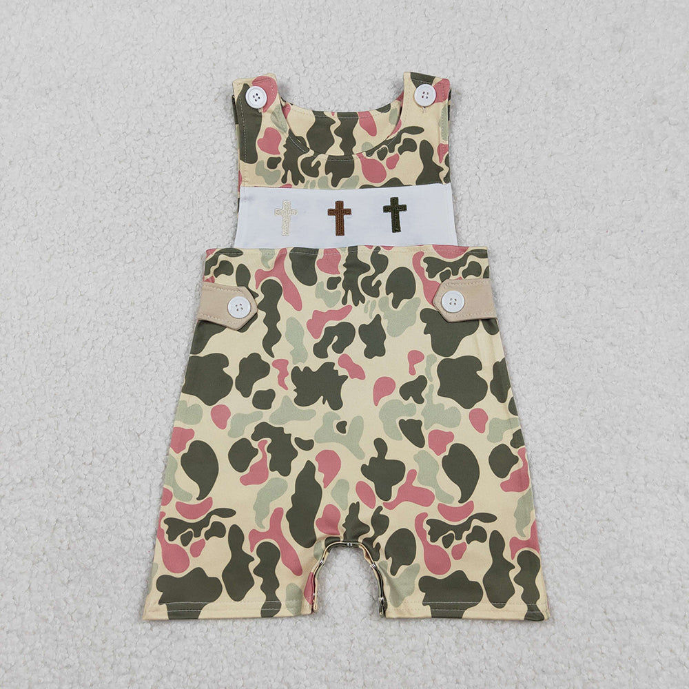 SR3290 Cross Embroidery Camo Print Baby Boys Easter Romper