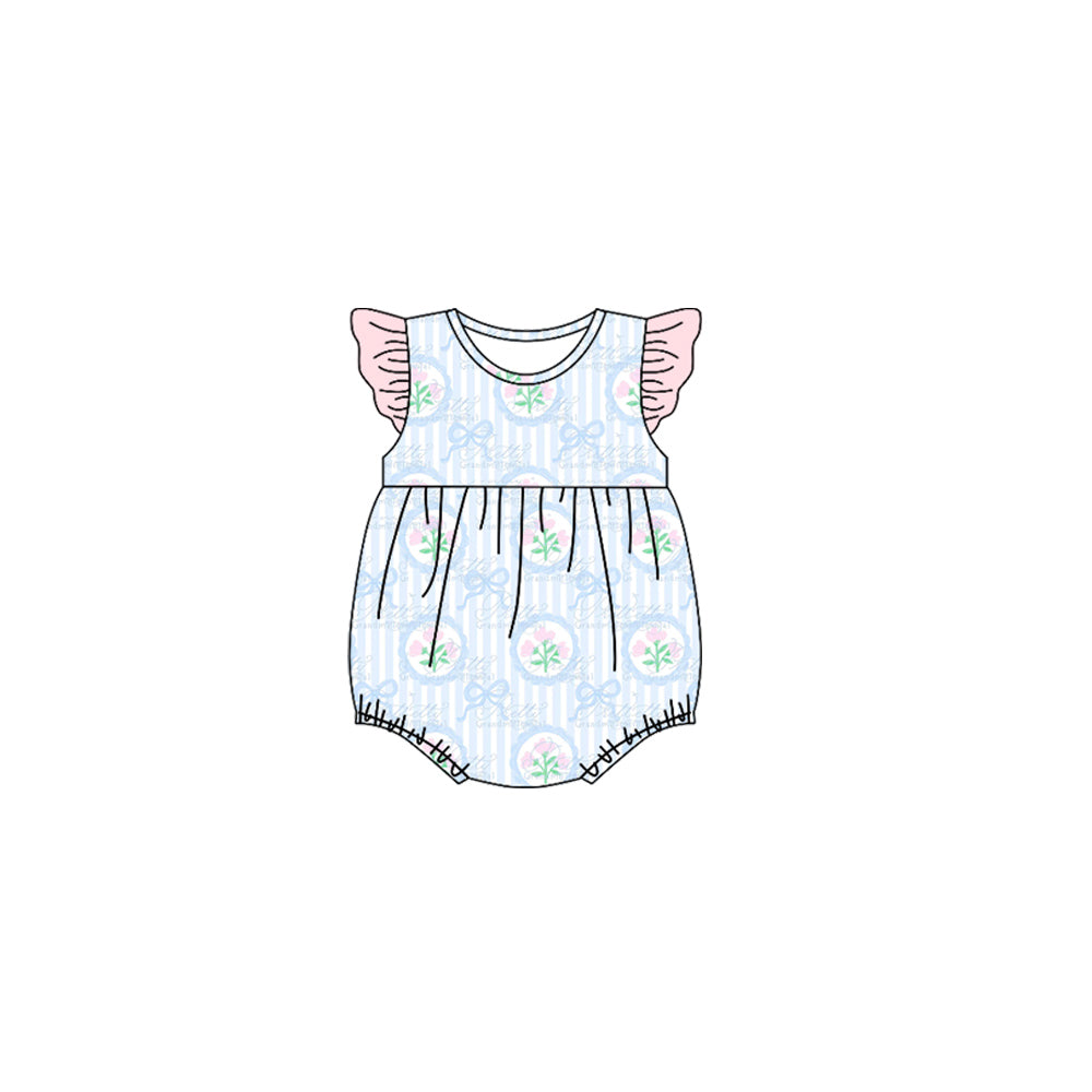 (Pre-order)SR3294 Flowers Bows Stripes Print Baby Girls Summer Romper