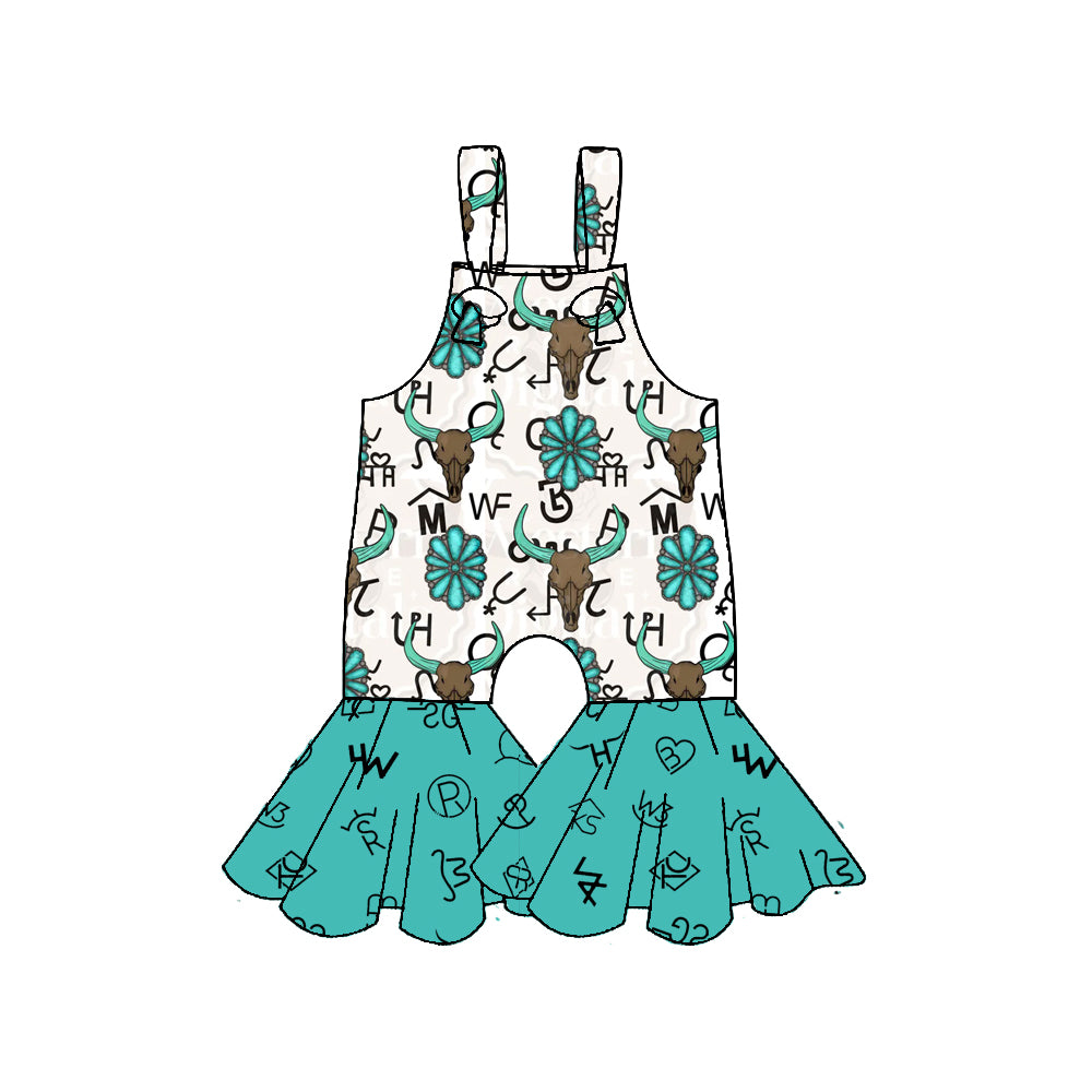 (Pre-order)SR3299 Cow Skull Turquoise Wild Print Girls Western Summer Jumpsuits