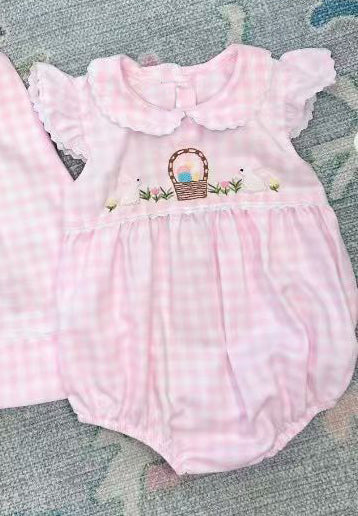 (Pre-order)SR3314 Eggs Flowers Pink Plaid Print Baby Girls Easter Romper