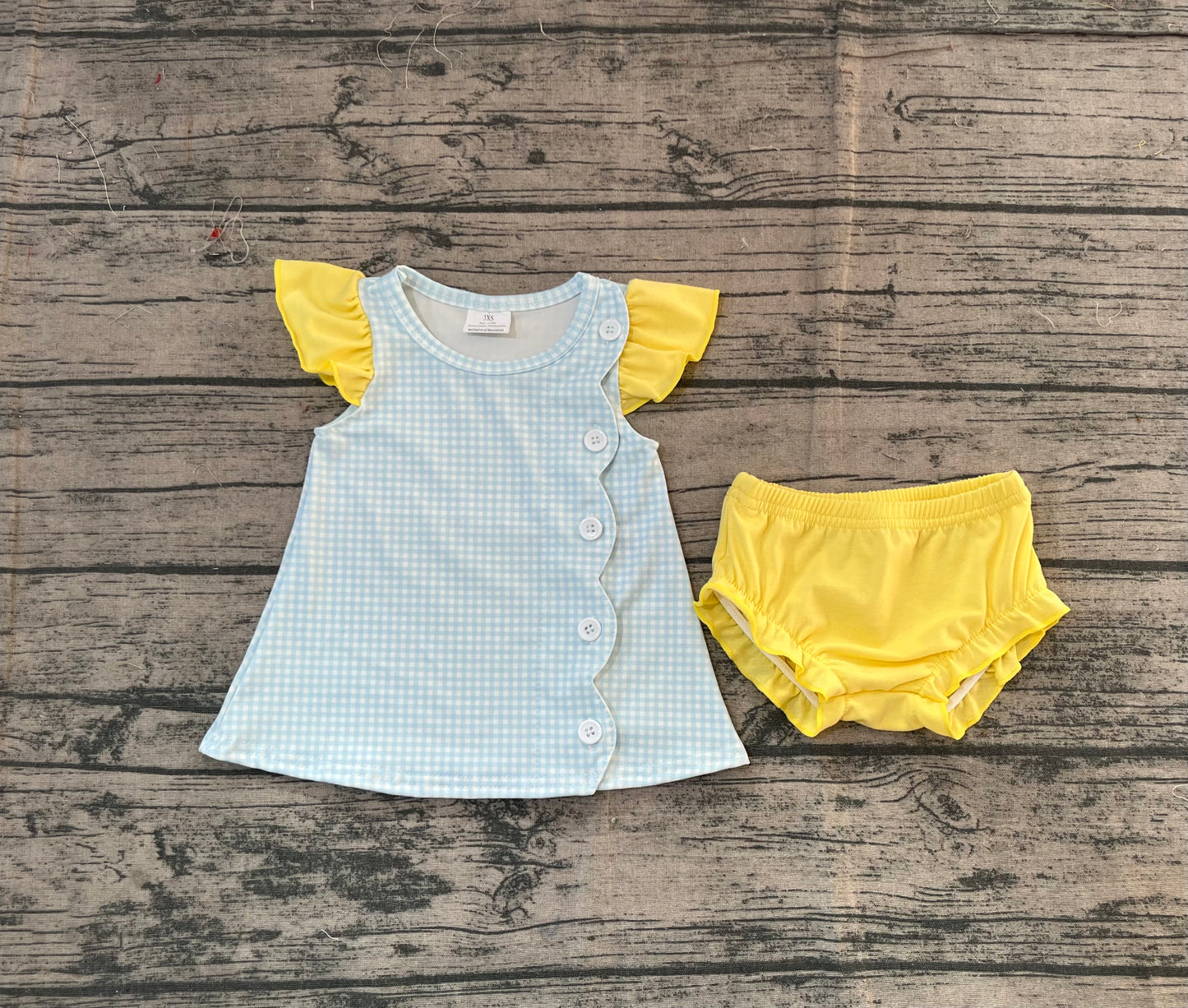 (Pre-order)SR3364 Blue Plaid Top Yellow Shorts Baby Girls Summer Bummie Set