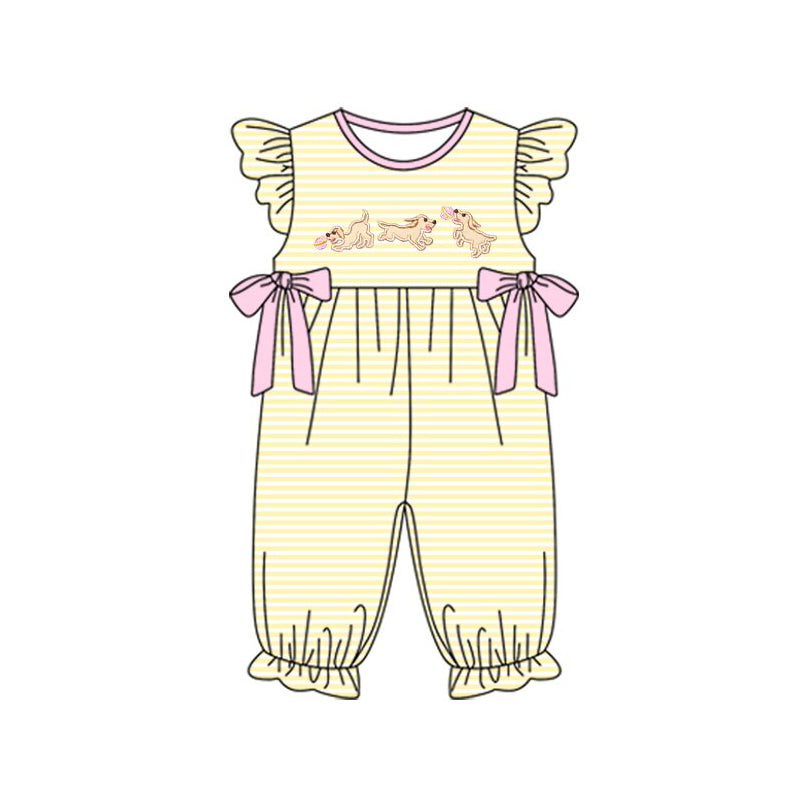 (Pre-order)SR3374 Puppy Yellow Stripes Print Baby Girls Summer Romper