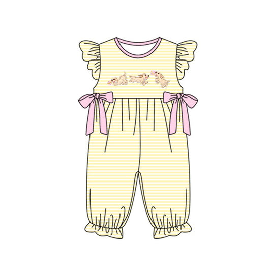 (Pre-order)SR3374 Puppy Yellow Stripes Print Baby Girls Summer Romper