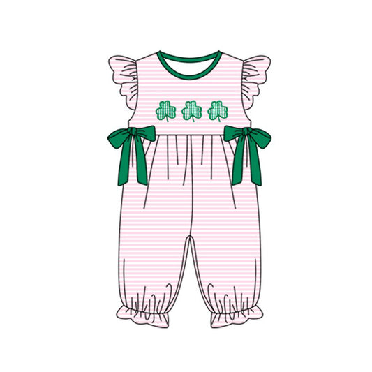 (Pre-order)SR3375 Leaf Pink Stripes Print Baby Girls St. Patrick's Day Romper