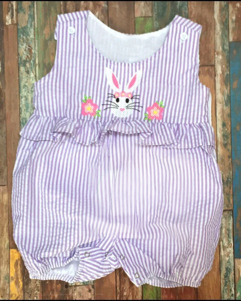 (Pre-order)SR3379 Bunny Flowers Stripes Print Baby Girls Easter Romper