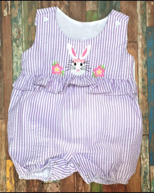 (Pre-order)SR3379 Bunny Flowers Stripes Print Baby Girls Easter Romper