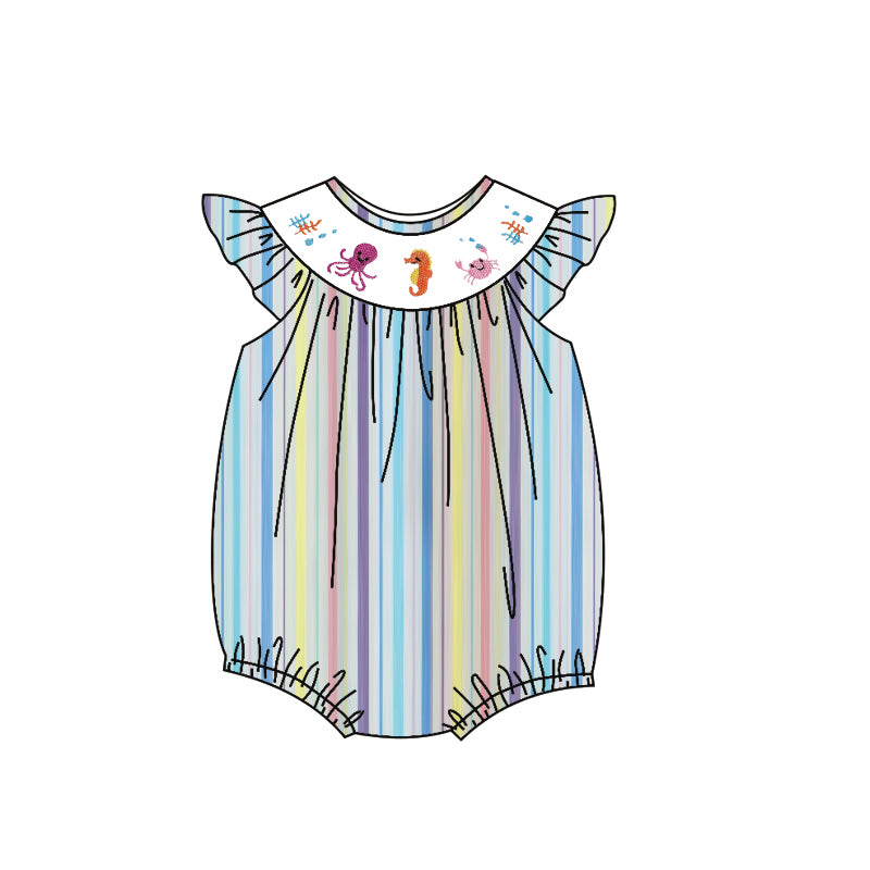 (Pre-order)SR3394 Octopus Seahorse Crab Stripes Print Baby Girls Summer Romper