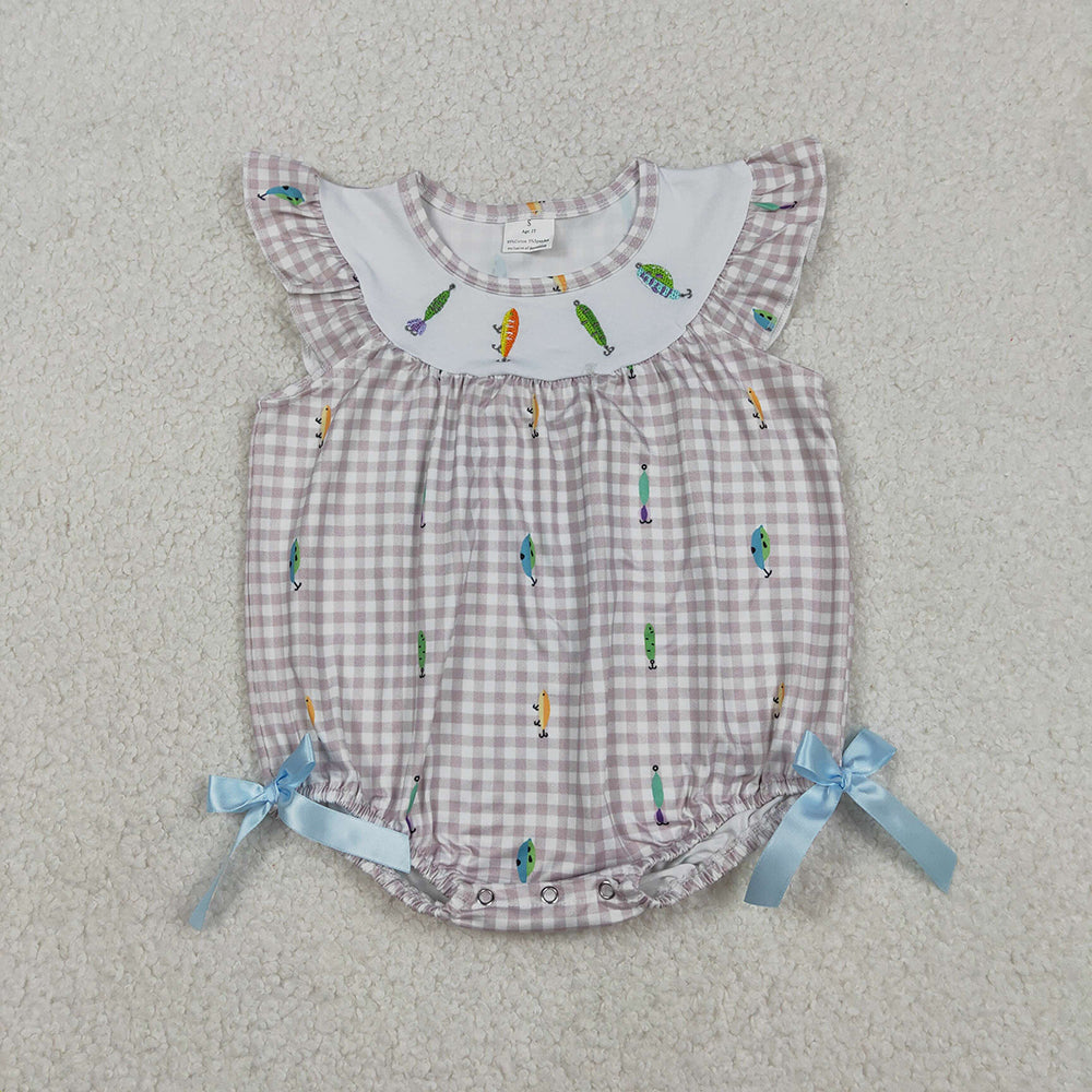 SR3395 Fishhook Embroidery Plaid Print Baby Girls Summer Romper