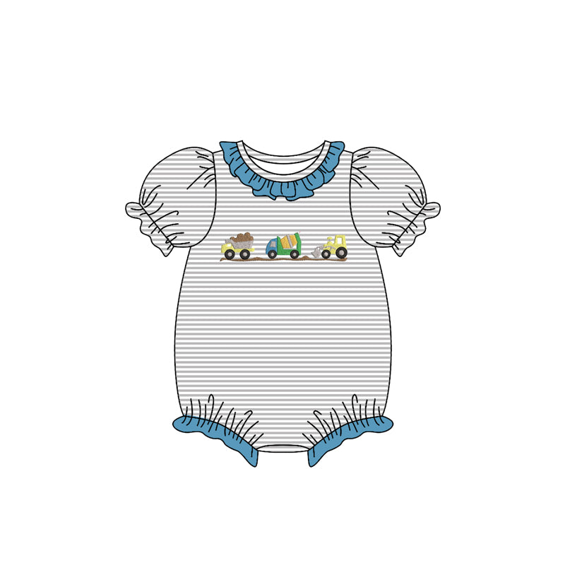 (Pre-order)SR3398 Construction Trucks Grey Stripes Print Baby Girls Summer Romper