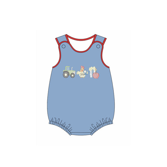 (Pre-order)SR3399 Farm Tractor Blue Print Baby Boys Summer Romper