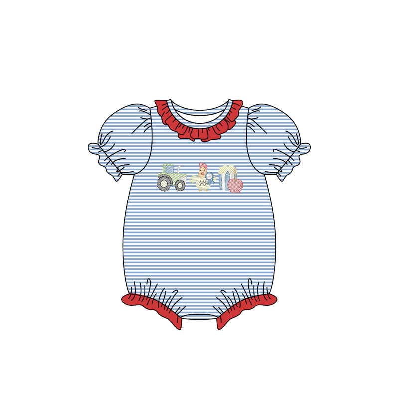 (Pre-order)SR3400 Farm Tractor Blue Stripes Print Baby Girls Summer Romper