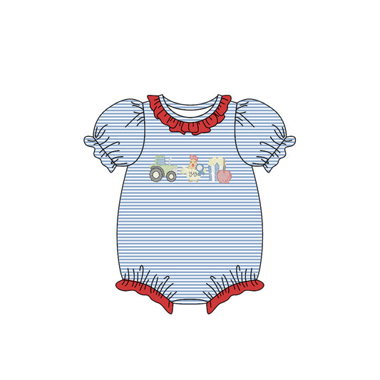 (Pre-order)SR3400 Farm Tractor Blue Stripes Print Baby Girls Summer Romper