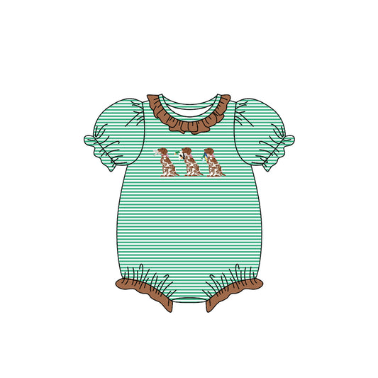 (Pre-order)SR3404 Dog Hunting Green Stripes Print Baby Girls Summer Romper