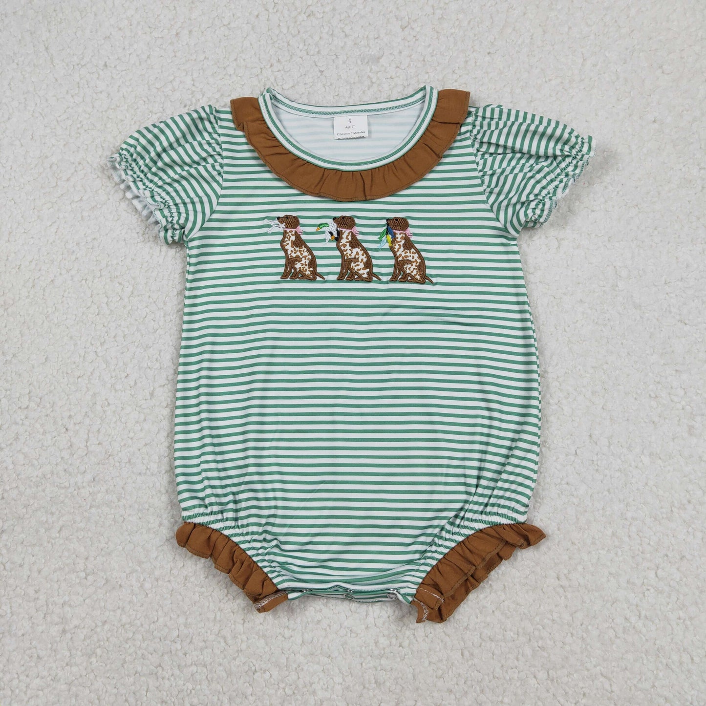 SR3404 Dog Hunting Embroidery Green Stripes Print Baby Girls Summer Romper