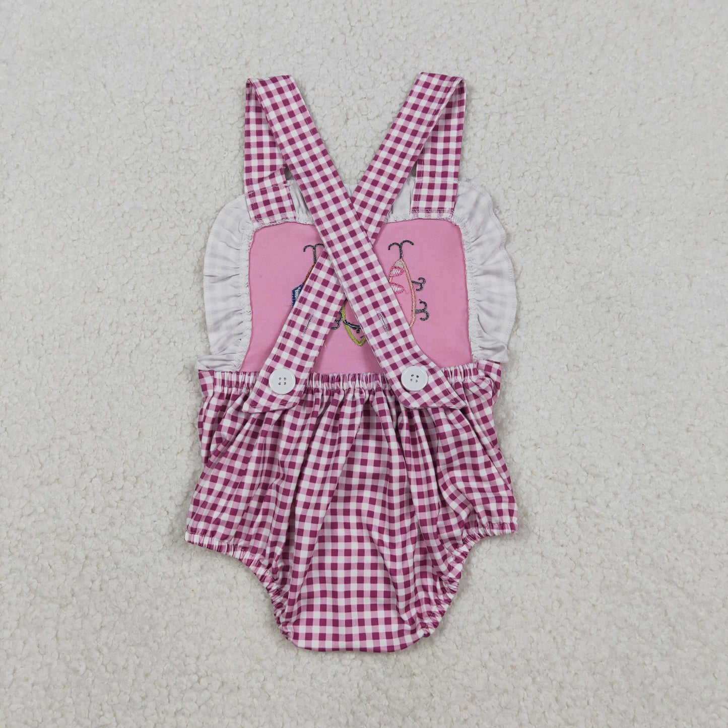 SR3414 Fishhook Embroidery Plaid Print Baby Girls Summer Backless Bubble Romper