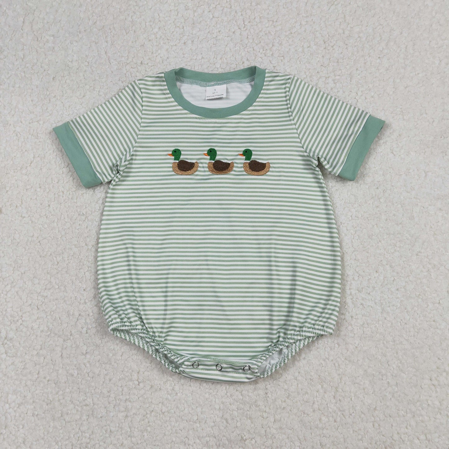 SR3531 Duck Embroidery Green Stripes Print Baby Boys Summer Romper
