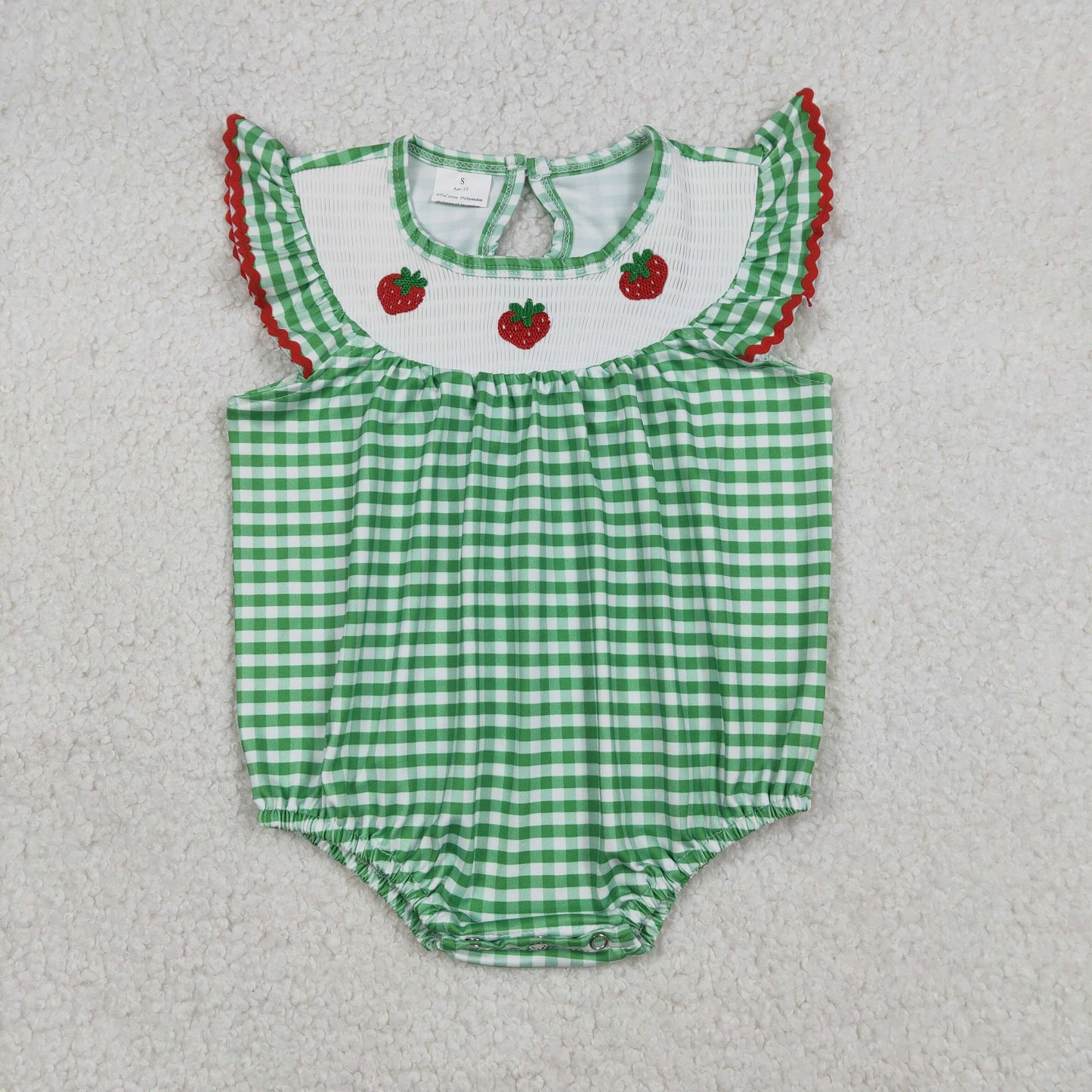 SR3550 Strawberry Embroidery Green Plaid Print Baby Girls Summmer Smocked Romper