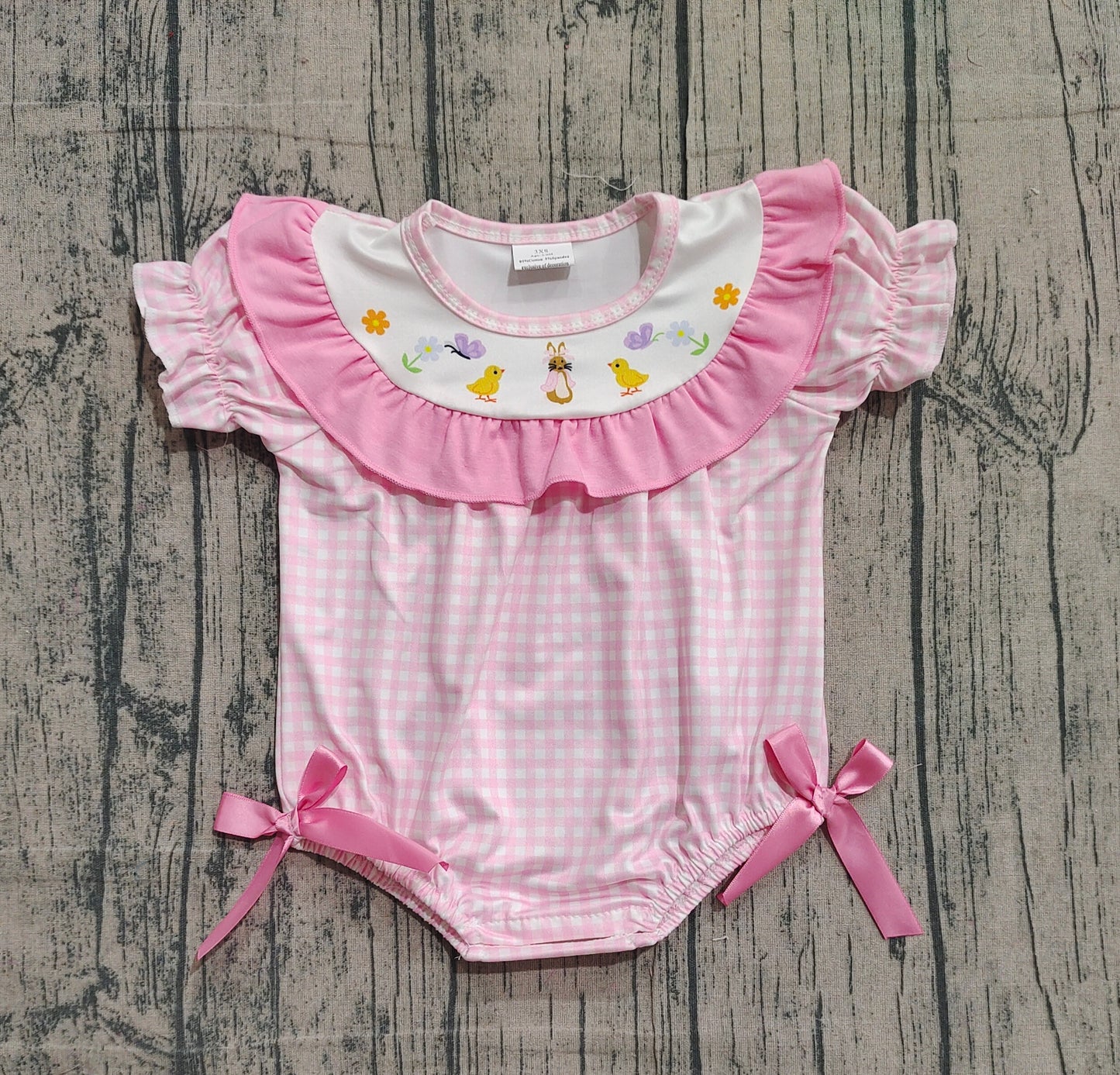 (Pre-order)SR3565 Bunny Pink Plaid Print Baby Girls Easter Romper