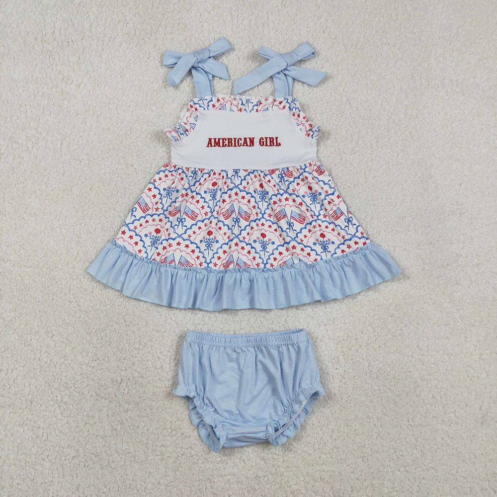 SR3648 American Girl Embroidery Flag Bows Strap Tunic Top Blue Shorts Baby Girls 4th of July Bummie Set